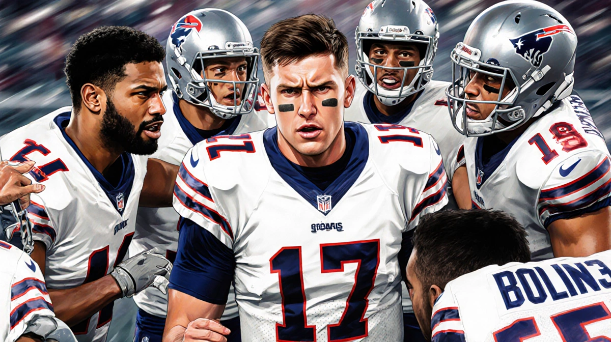 Josh Allen leading huddle with teammates showing determination and unity on football field