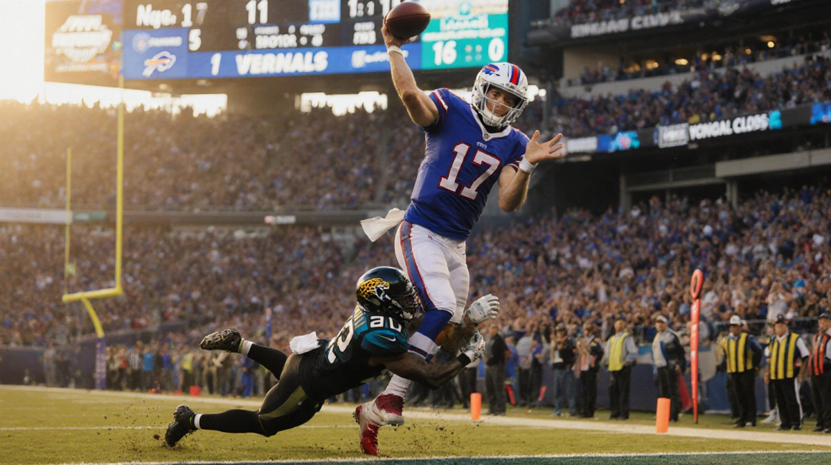 Josh Allen throwing touchdown pass while tackled with Bills fans cheering and golden hour lighting