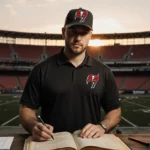 Josh Grizzard stands determined with open playbook and Buccaneers hat at sunset stadium