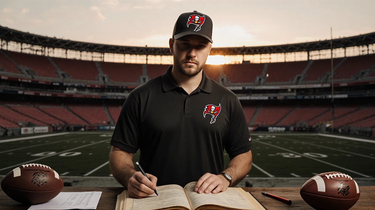 Josh Grizzard stands determined with open playbook and Buccaneers hat at sunset stadium