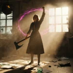 Joyce Byers standing victorious with a gleaming axe and Mind Flayer energy swirling around her amid flickering lab lights