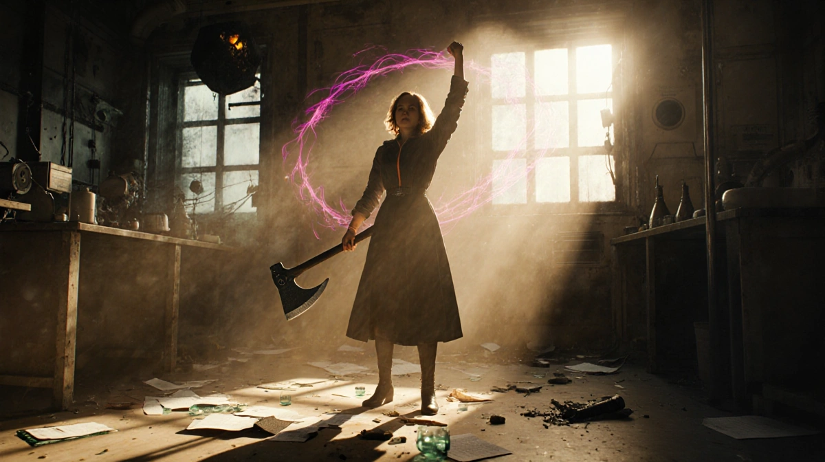 Joyce Byers standing victorious with a gleaming axe and Mind Flayer energy swirling around her amid flickering lab lights