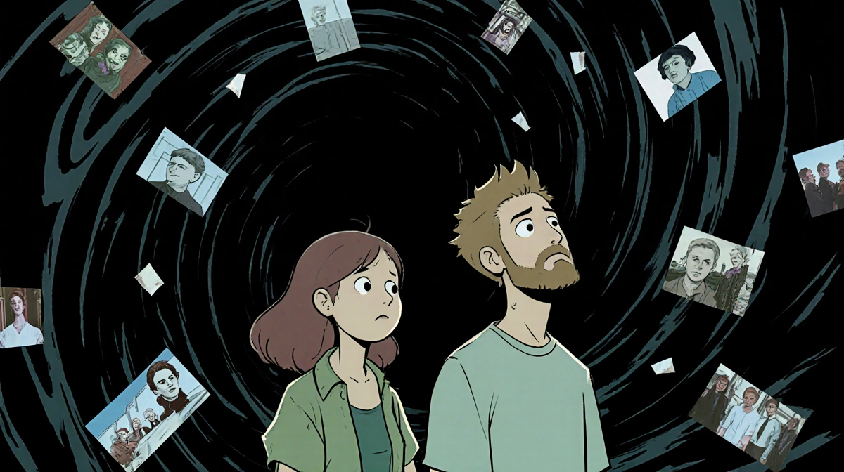 Joyce and Hopper standing looking up at a dark swirling portal with fragmented timelines around them and Vecna influence