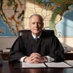 Judge Vernon Broderick sits confidently behind his desk with stacks of papers and a large US map and flags in background