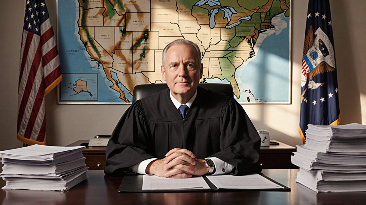 Judge Vernon Broderick sits confidently behind his desk with stacks of papers and a large US map and flags in background