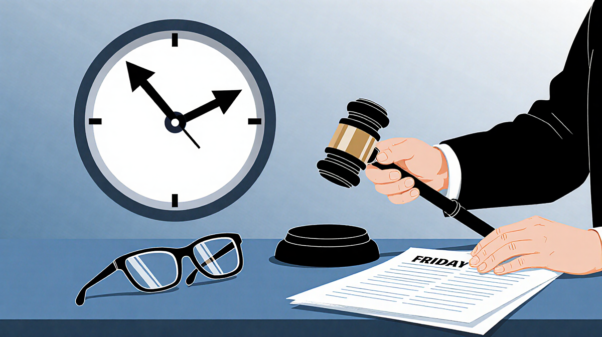 Judge's hand holding gavel with calendar showing Friday arrows and glasses on desk in blue gradient.