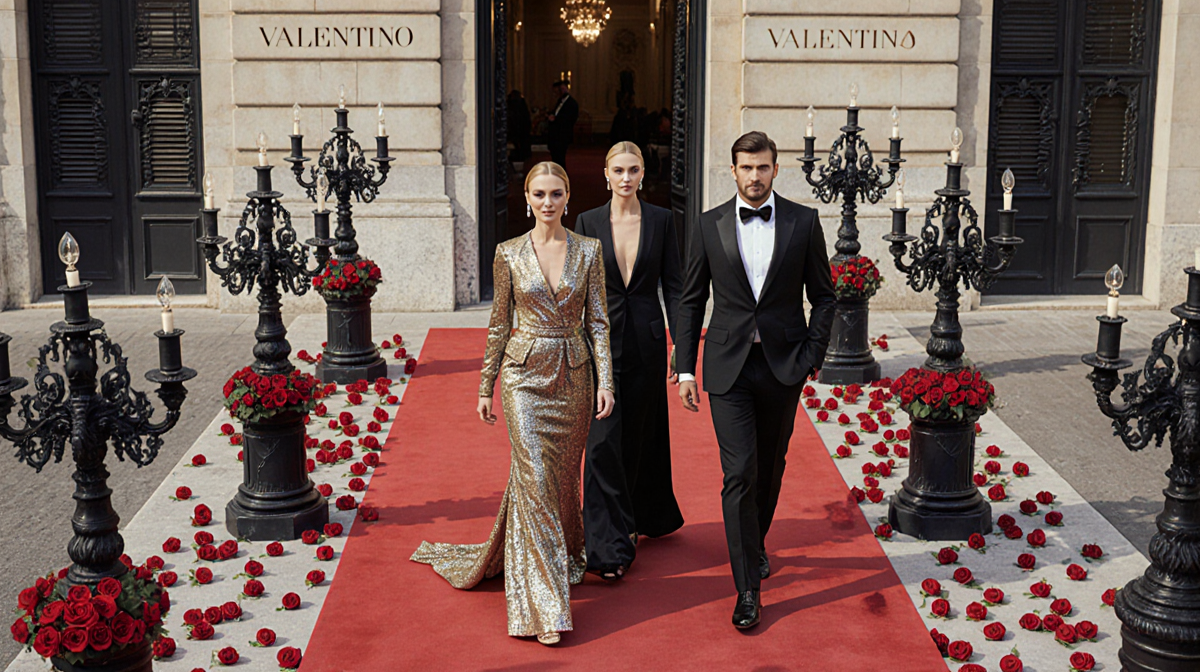 Julia Roberts Cate Blanchett Pedro Pascal walking on a red carpet with black candelabras and roses near Valentino Hollywood
