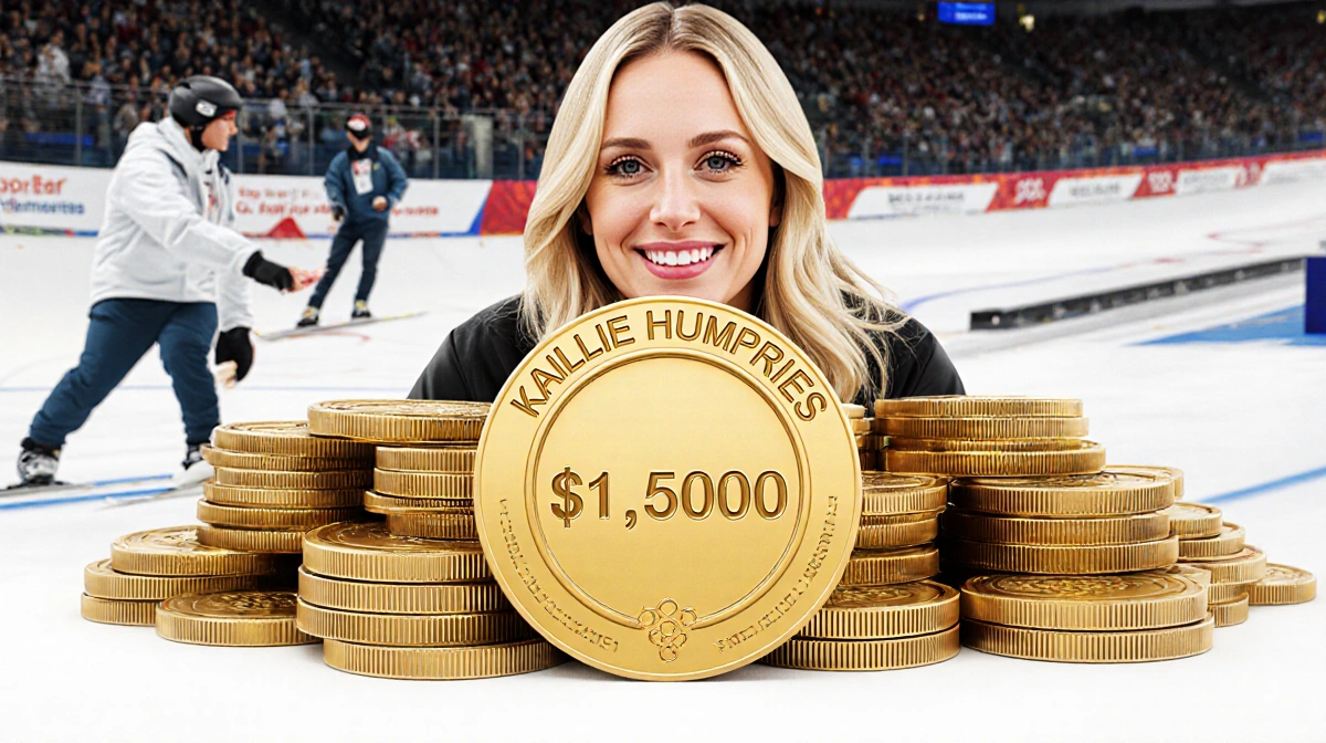 Kaillie Humphries stands with stacks of gold medals showing dollar amounts to fund her IVF journey with bobsled track in back