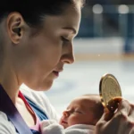 Strong woman holding Olympic gold medal while cradling baby with blurred ice rink behind