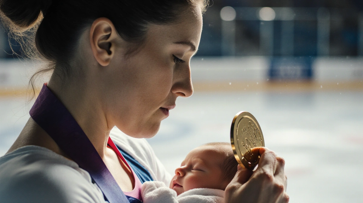 Strong woman holding Olympic gold medal while cradling baby with blurred ice rink behind