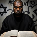Kanye West sits with a worn book open showing an antisemitism quote beside a graffiti wall featuring a subtle Star of David