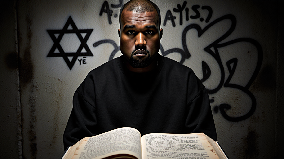 Kanye West sits with a worn book open showing an antisemitism quote beside a graffiti wall featuring a subtle Star of David