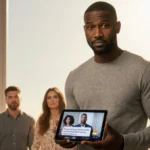 Karamo Brown looks at camera with tablet in hand and supportive hosts behind him in soft light