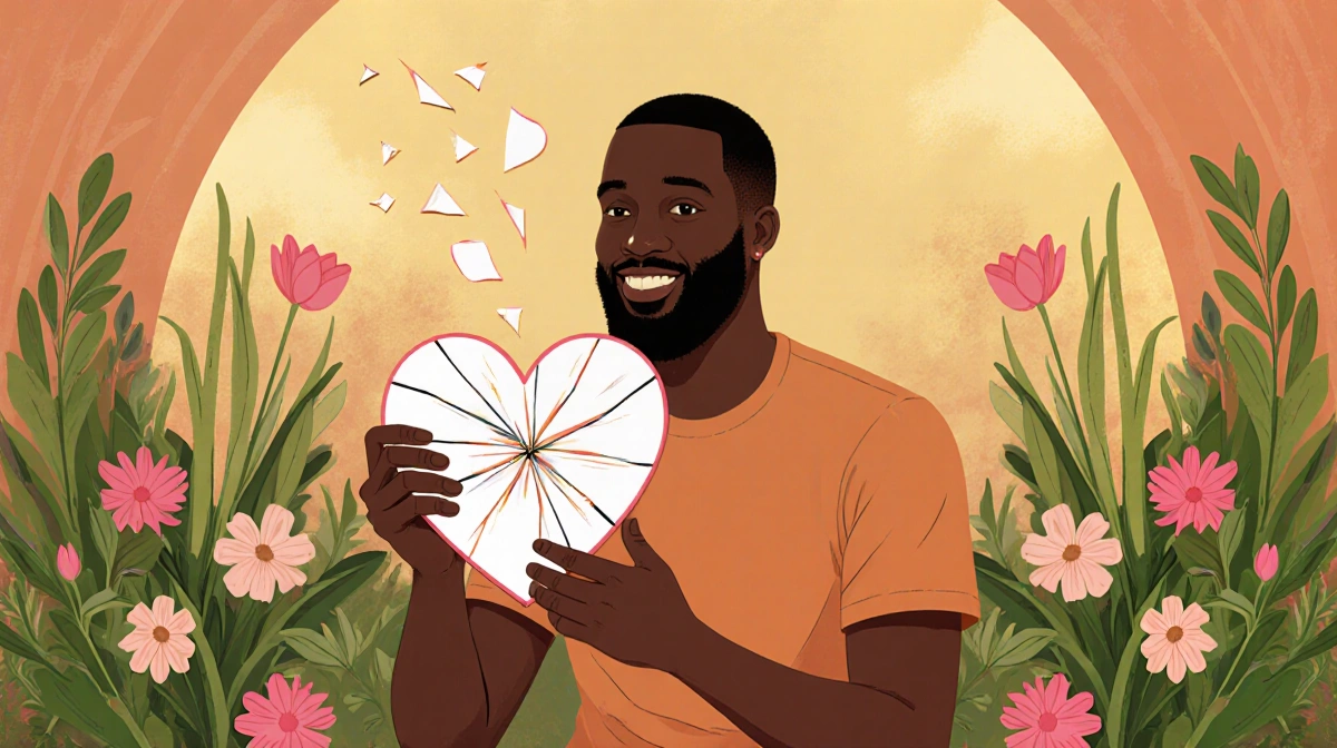 Karamo Brown sits holding a broken heart-shaped mirror reflecting a self-love with shards in lush greenery golden light.