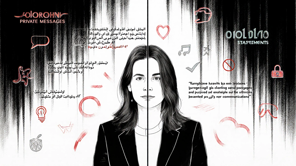 Karoline Leavitt stands before divided backdrop with veiled optimistic side and guarded public side showing coded symbols