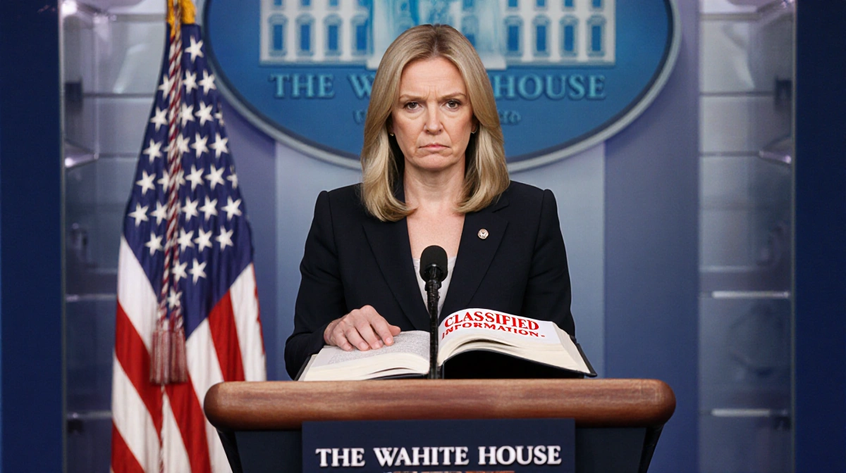 Karoline Leavitt speaks at podium with American flag and White House behind her hand on book showing classified information