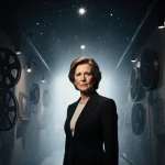 Kathleen Kennedy stands in dim Star Wars archive with vintage film reels and glowing star lights behind her