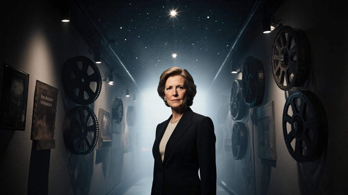 Kathleen Kennedy stands in dim Star Wars archive with vintage film reels and glowing star lights behind her