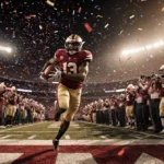 Keionte Scott sprinting into the end zone with the ball in his arms and Miami Hurricanes fans cheering under confetti