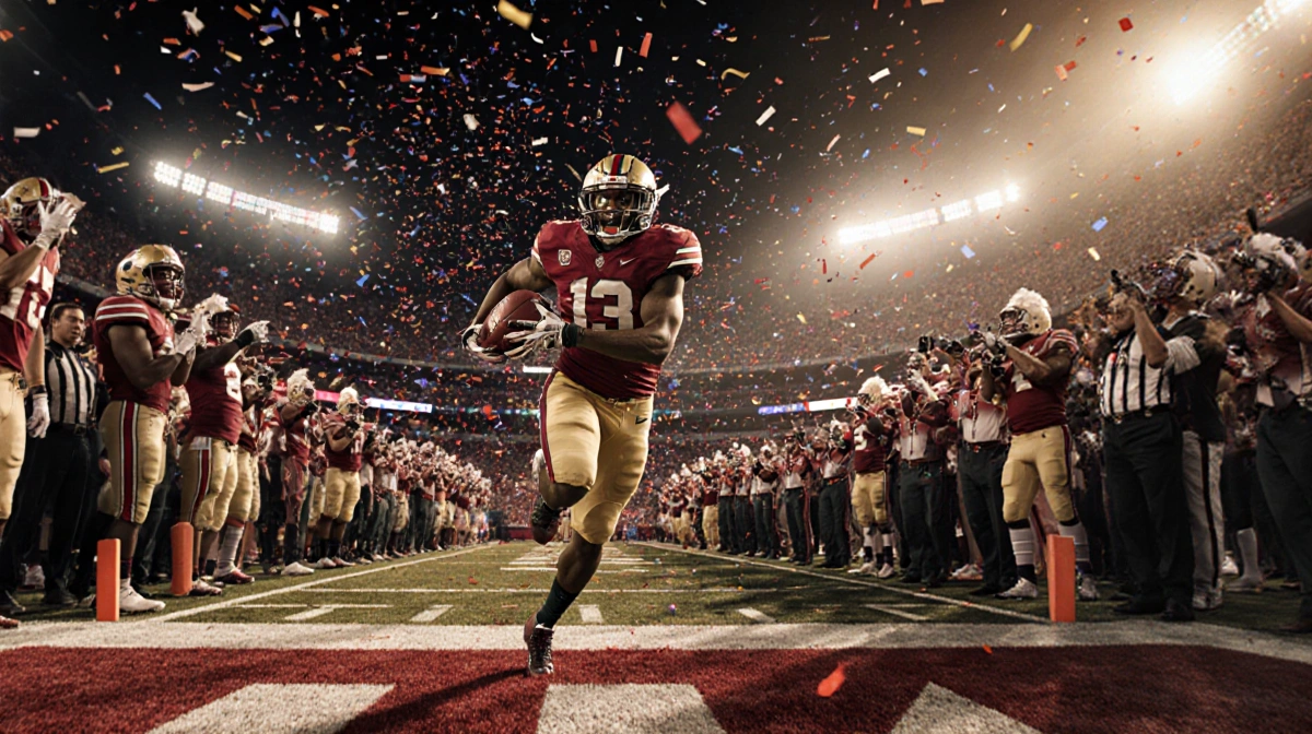Keionte Scott sprinting into the end zone with the ball in his arms and Miami Hurricanes fans cheering under confetti