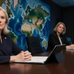 Kellyanne Conway sits at conference table with Greenland map behind her and Mette Frederiksen reviewing documents