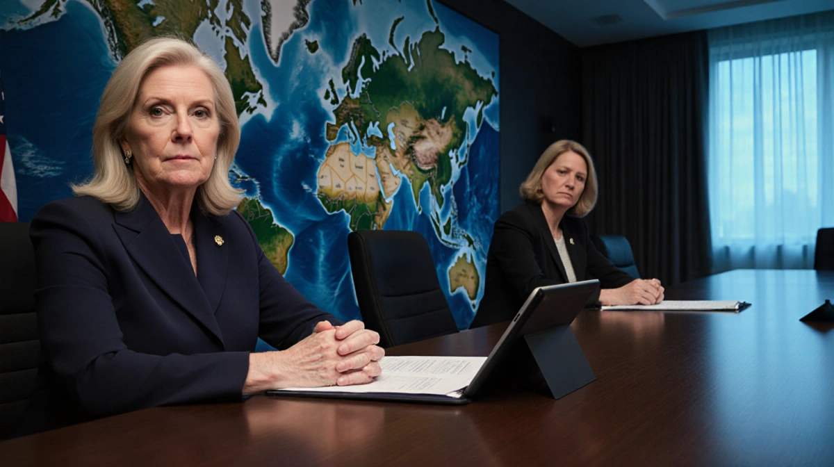 Kellyanne Conway sits at conference table with Greenland map behind her and Mette Frederiksen reviewing documents