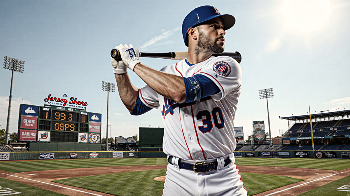 Kemp standing on minor league ballfield with bat on shoulder and scoreboard showing .973 OPS in background