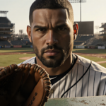 Kemp staring intently with a discarded vintage glove and warm golden light on a gritty baseball field.
