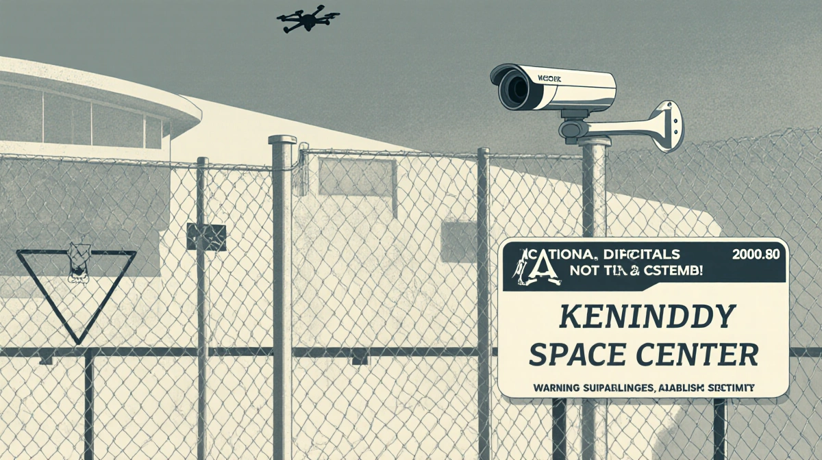 Kennedy Space Center perimeter fence outlines with surveillance cameras and security warning signs near a faint drone shadow