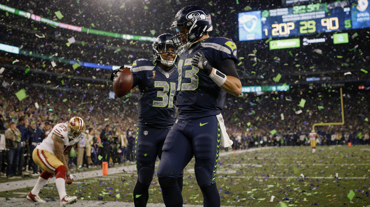Kenneth Walker III celebrates touchdown with confetti and Seahawks quarterback as defeated 49ers sit nearby