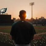 Kevin Patullo stands alone on empty baseball field with scattered equipment and Eagles logo visible at sunset