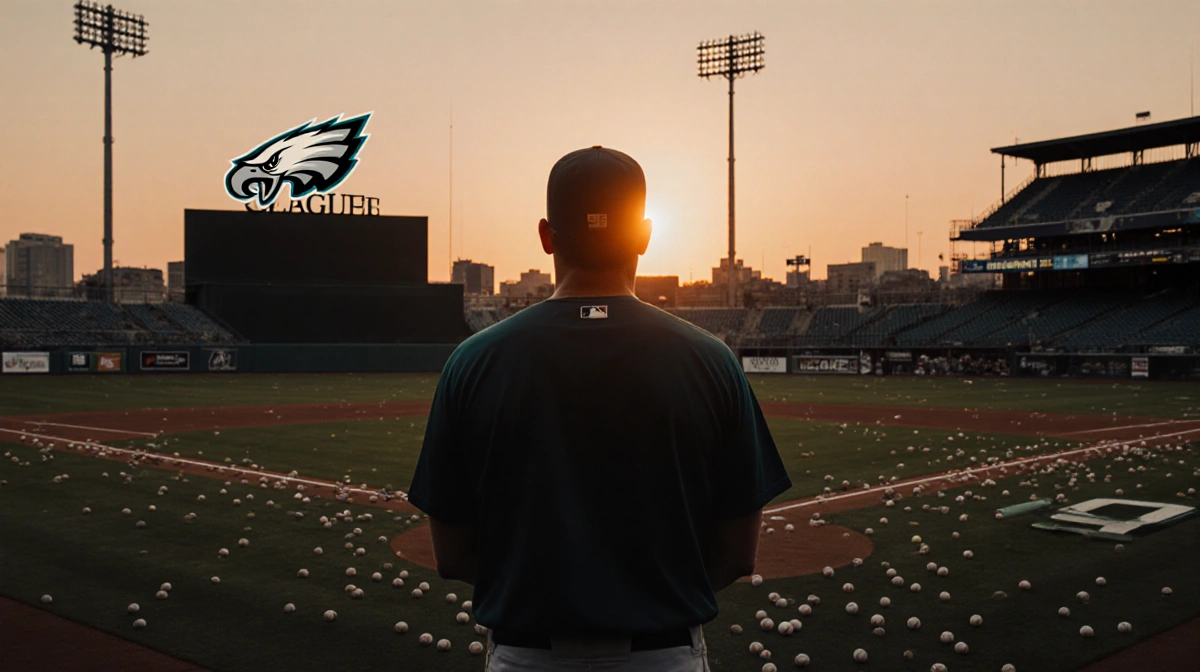 Kevin Patullo stands alone on empty baseball field with scattered equipment and Eagles logo visible at sunset