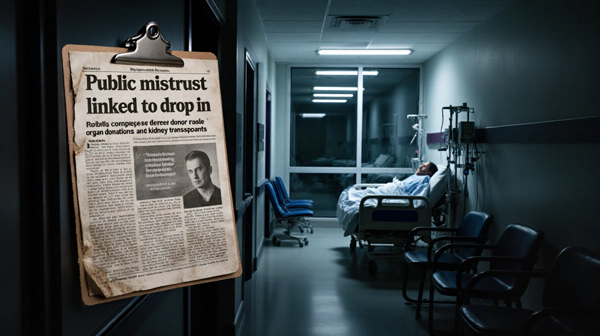 Patient lying motionless on hospital bed with donation poster and medical equipment showing impact of organ donation crisis