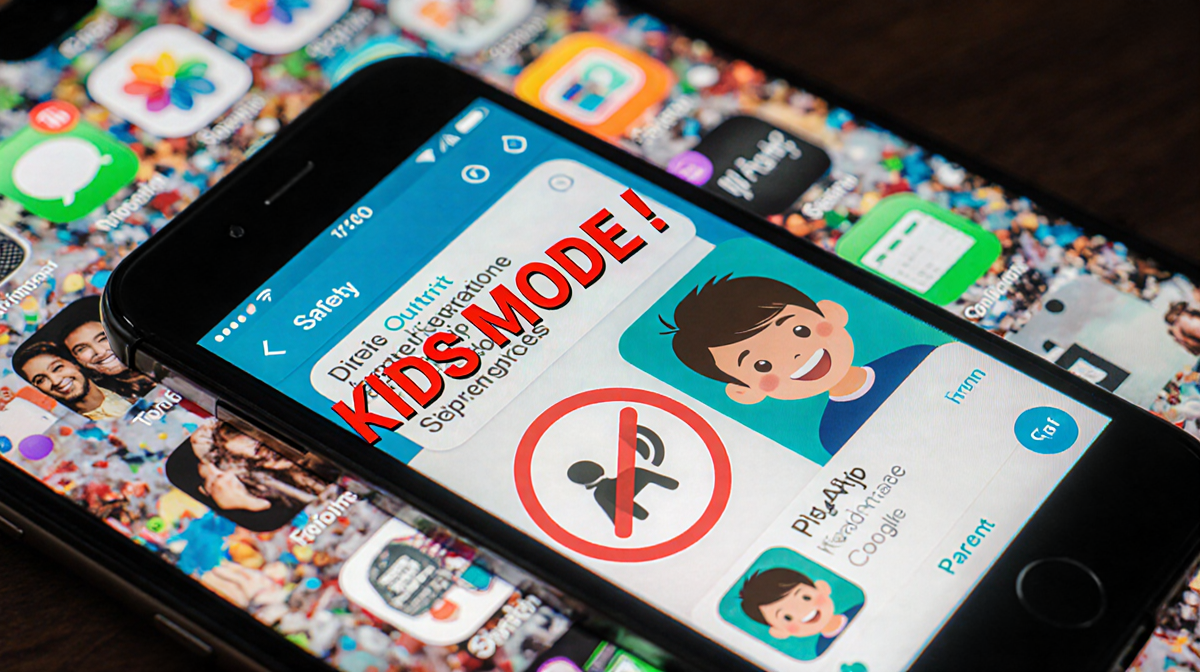 Mobile app interface displaying clutter and Kids Mode filter for parental control profile picture