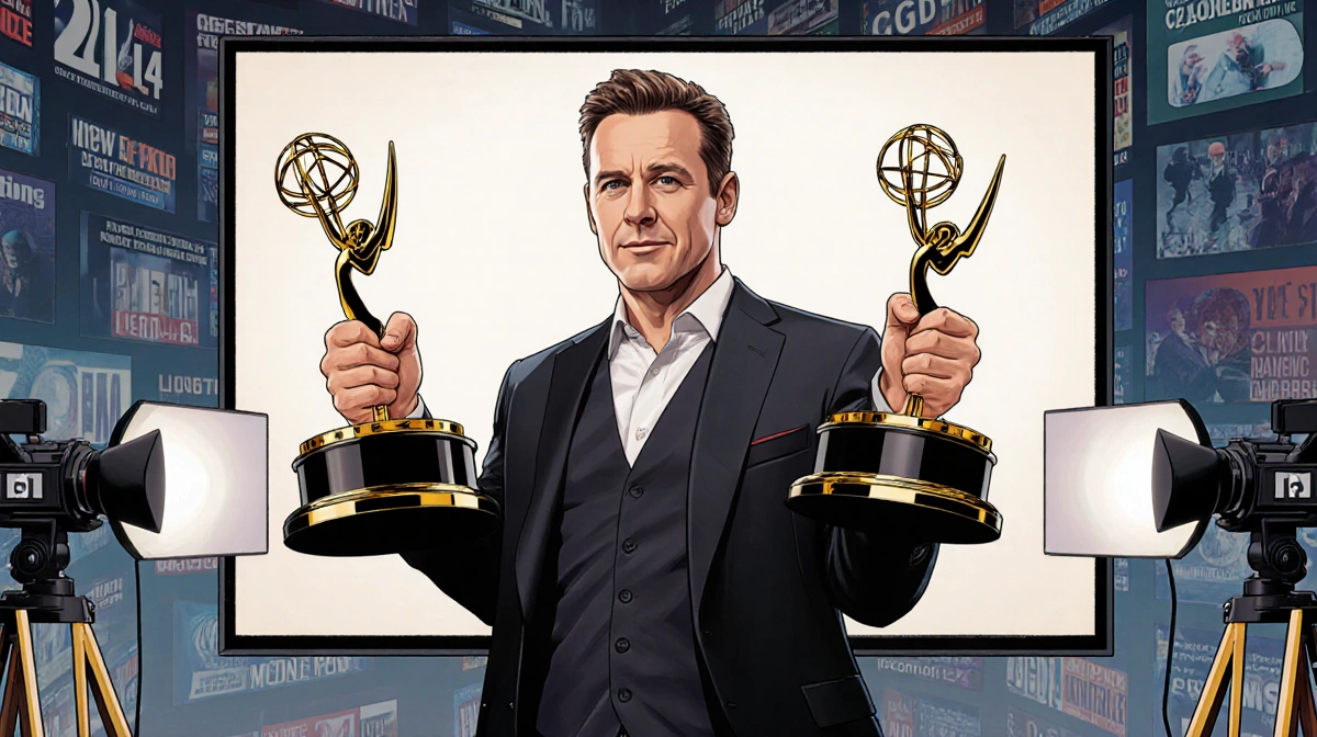 Kiefer Sutherland stands triumphantly with Emmy and Golden Globe awards beside his head and the 24 logo on screen behind him