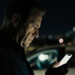 Kiefer Sutherland looking down at phone with Los Angeles skyline and ride-share car behind him