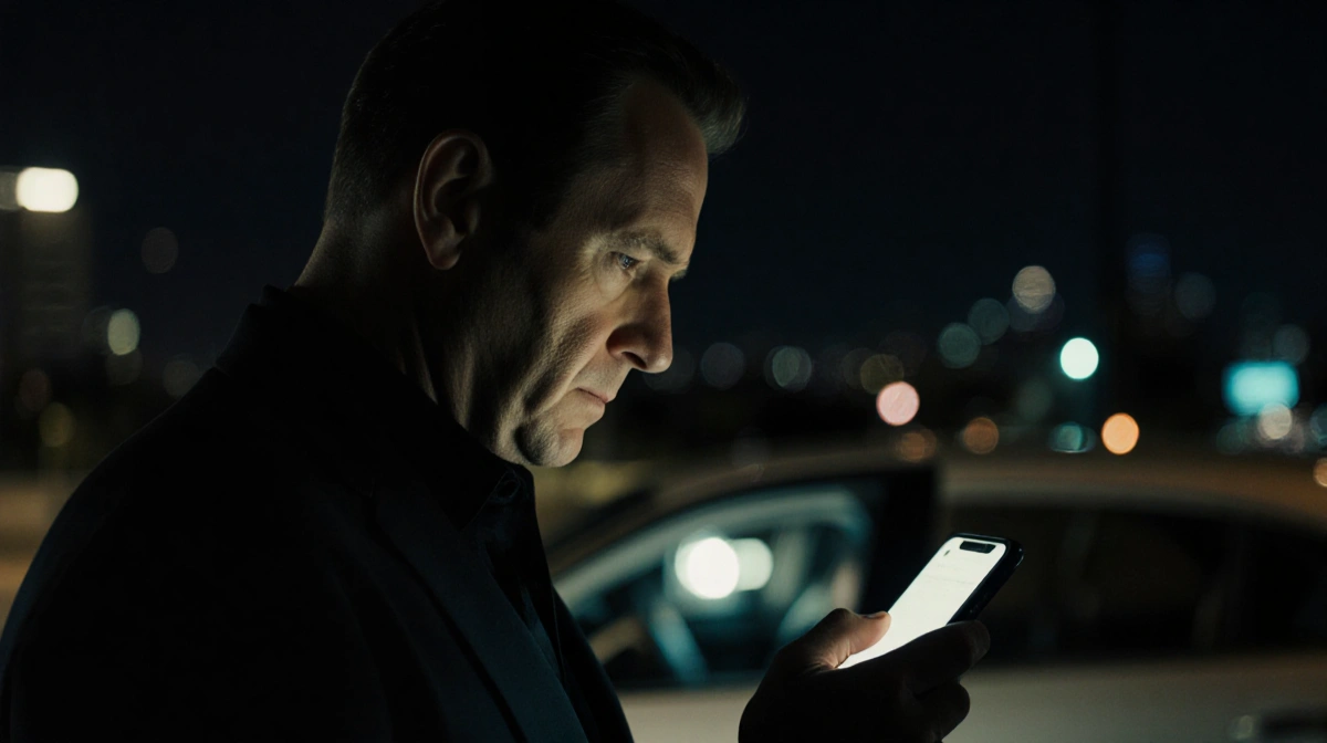 Kiefer Sutherland looking down at phone with Los Angeles skyline and ride-share car behind him