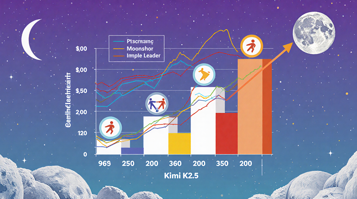 Line chart plotting Kimi K2.5 benchmark against industry leaders with moonlit gradient background