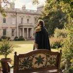 King Charles III standing with sunlight filtering through trees and a wooden bench beside a potted plant near Dumfries House