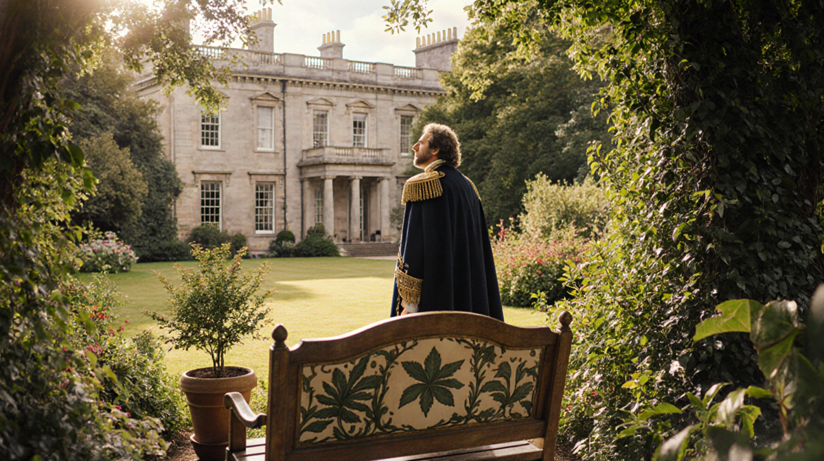 King Charles III standing with sunlight filtering through trees and a wooden bench beside a potted plant near Dumfries House
