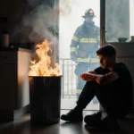 Burned young adult sits on kitchen floor with flames from trash can and firefighter silhouette and emergency responders