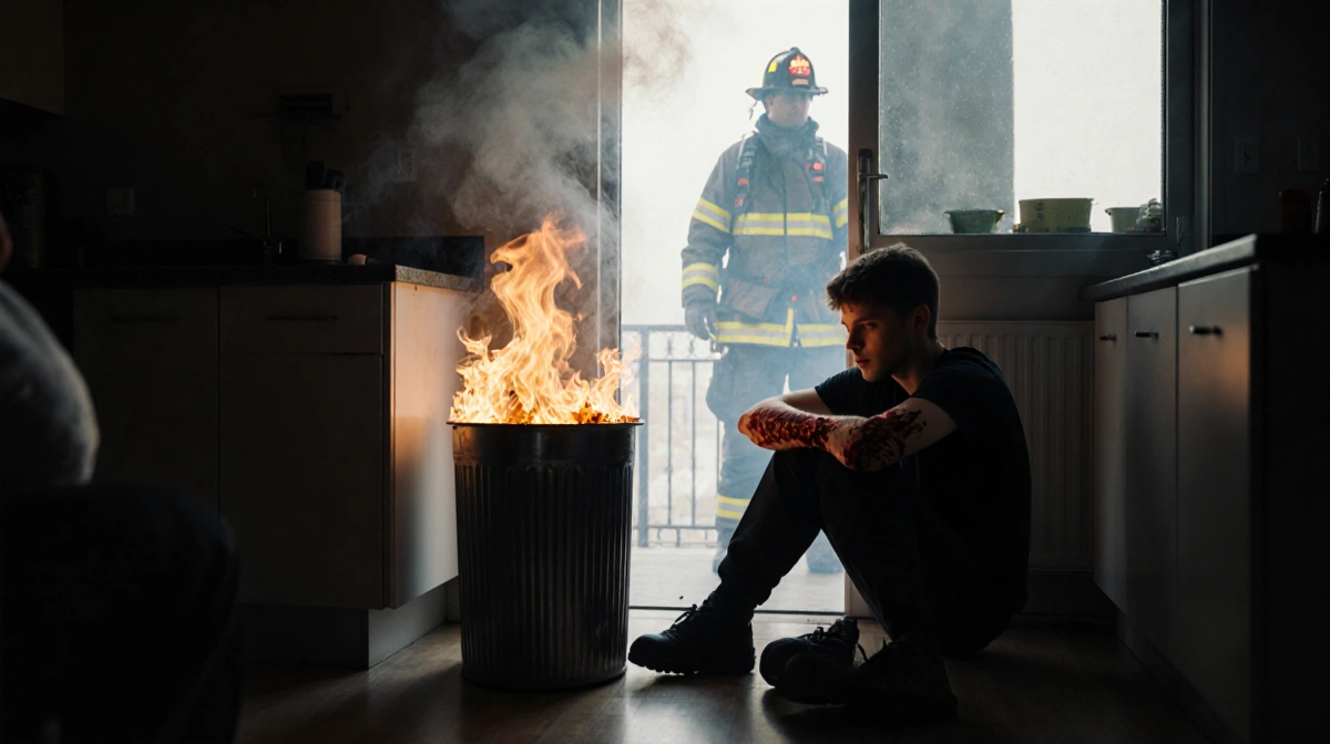 Burned young adult sits on kitchen floor with flames from trash can and firefighter silhouette and emergency responders