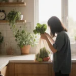 Person holding a reusable shopping bag with fresh produce in a bright, eco-friendly kitchen with lush plants