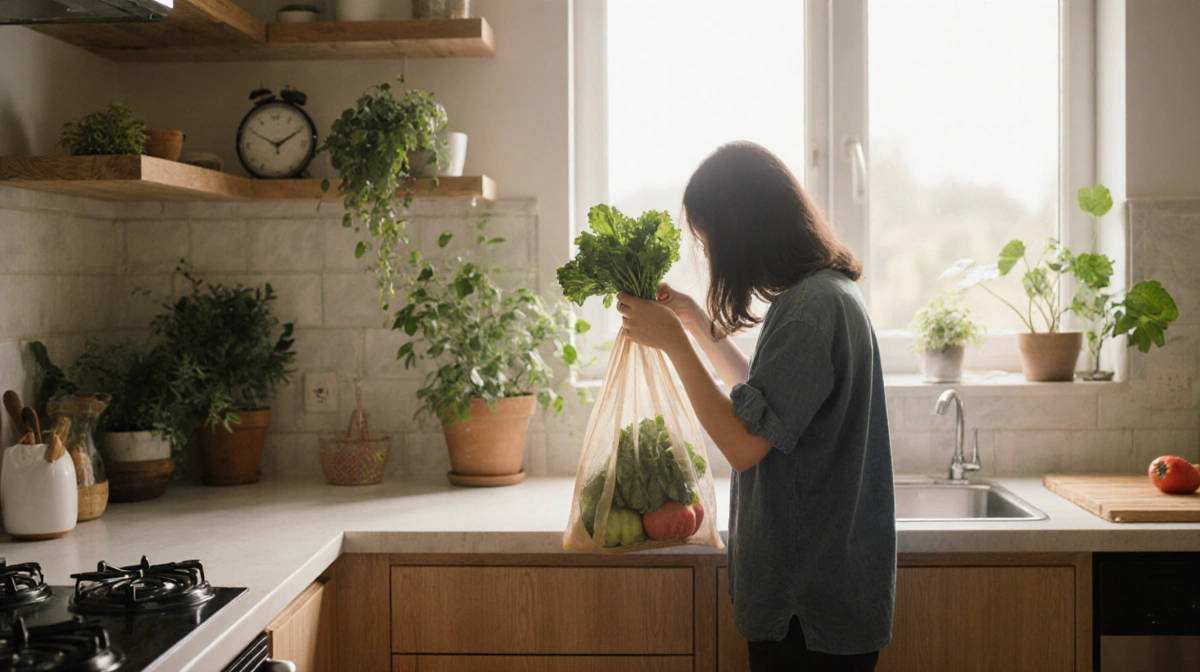 Person holding a reusable shopping bag with fresh produce in a bright, eco-friendly kitchen with lush plants