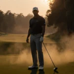 Brooks Koepka stands alone on golf course with abandoned club behind him and sunset casting long shadows