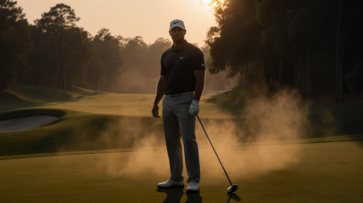 Brooks Koepka stands alone on golf course with abandoned club behind him and sunset casting long shadows