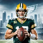 Kyle McCord standing holding a football with Packers logo and faint Eagles outline behind a cityscape stadium backdrop