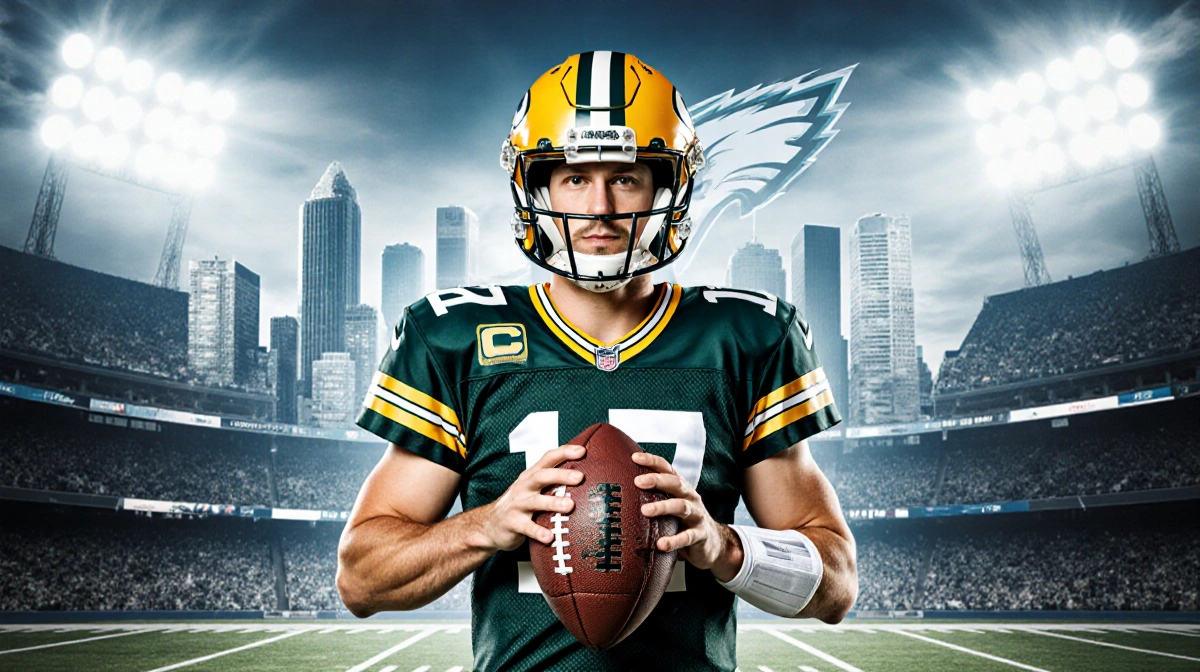 Kyle McCord standing holding a football with Packers logo and faint Eagles outline behind a cityscape stadium backdrop