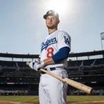 Kyle Tucker stands with baseball bat at Dodger Stadium with sun on his face and stadium backdrop