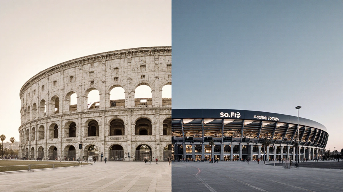 Los Angeles Memorial Coliseum and SoFi Stadium stand together with archway and modern facade showing dual Olympic ceremony ve
